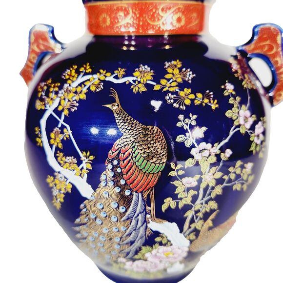Vase Japanese Cobalt Blue 8.5" Handles Vintage Vtg Porcelain Peacock Bird Nature - Picture 7 of 14